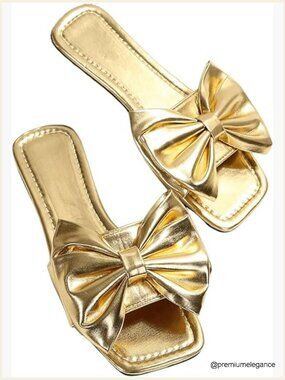 Bow Square Toe Slide Sandals Dressy Summer Beach Wedding Vacation Flat Shoes